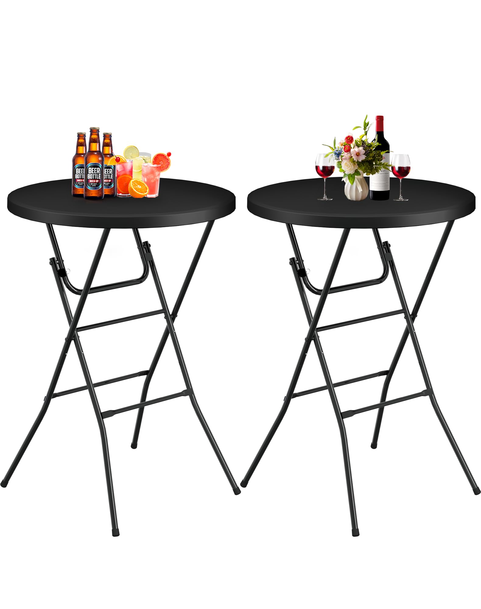 IWDOO black round folding bar height tables 2 pack with locking legs