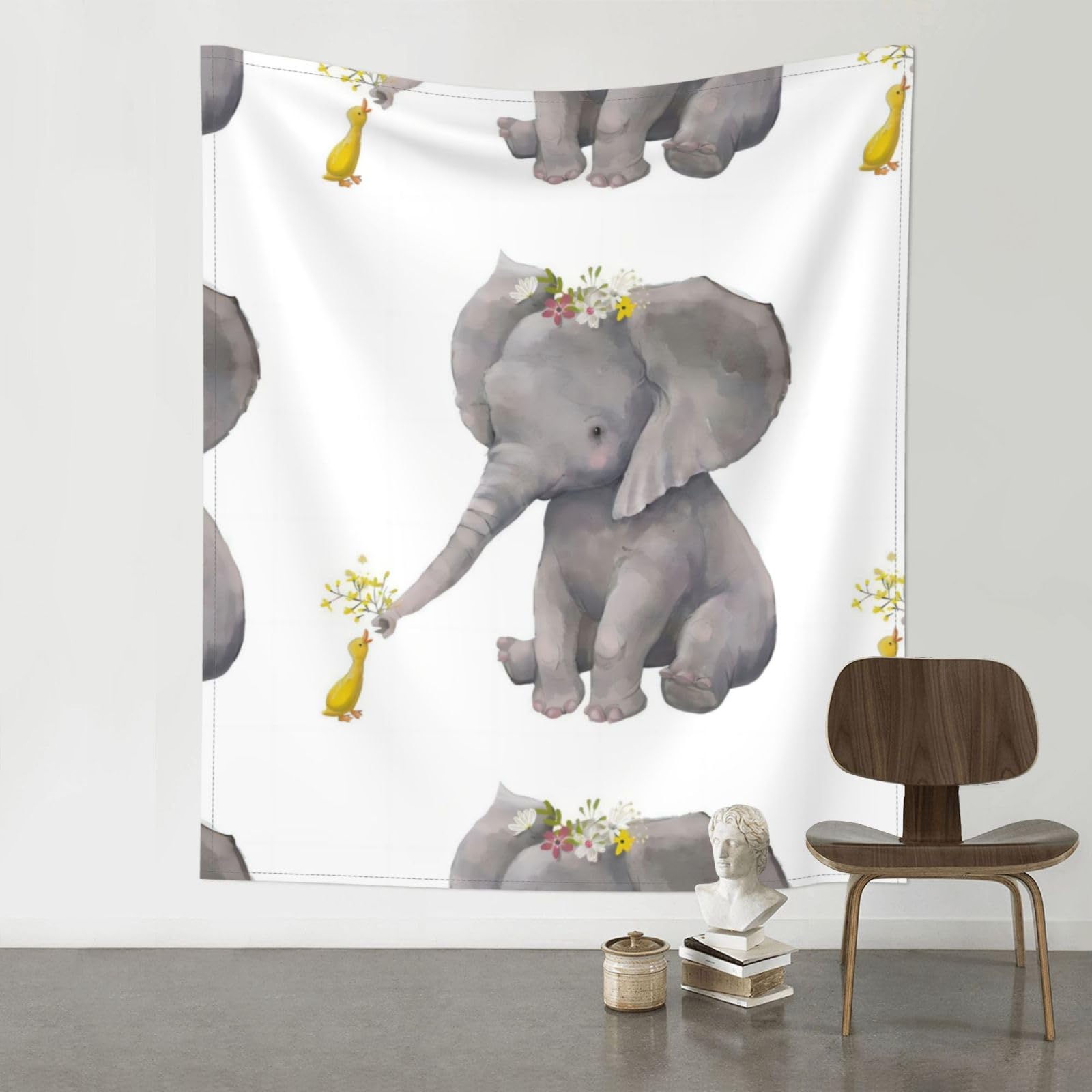 YYHWHJDE Cute Elephant With Wreath And Little Duck Prints 60x51in Wall Tapestry – High-Grade Polyester Throw for Dorm, Beach & Home Decor