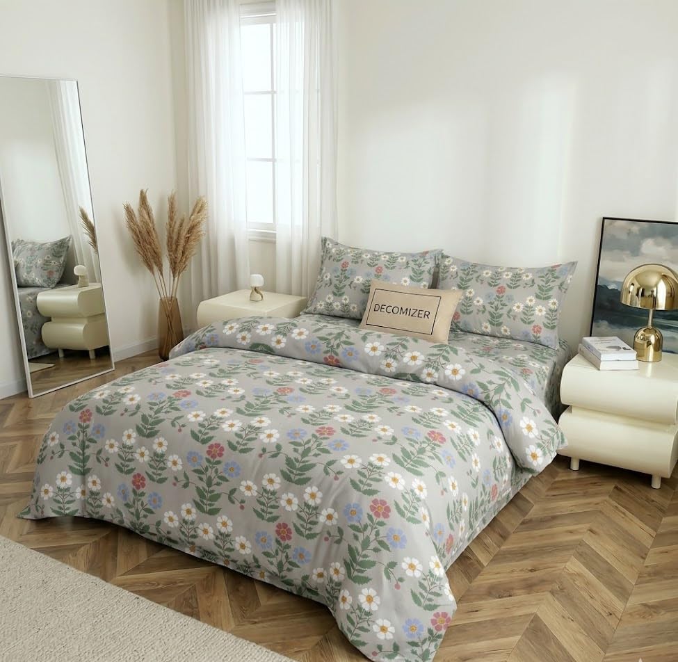 Image of DECOMIZER 240 TC Microfiber Soft Cotton Printed Single Bed Bedsheet for Diwan Bed, Size 60 Inches X 90 Inches, 152 X 230 cm with 1 Large Size Pillow Covers - GreyLeafFlower
