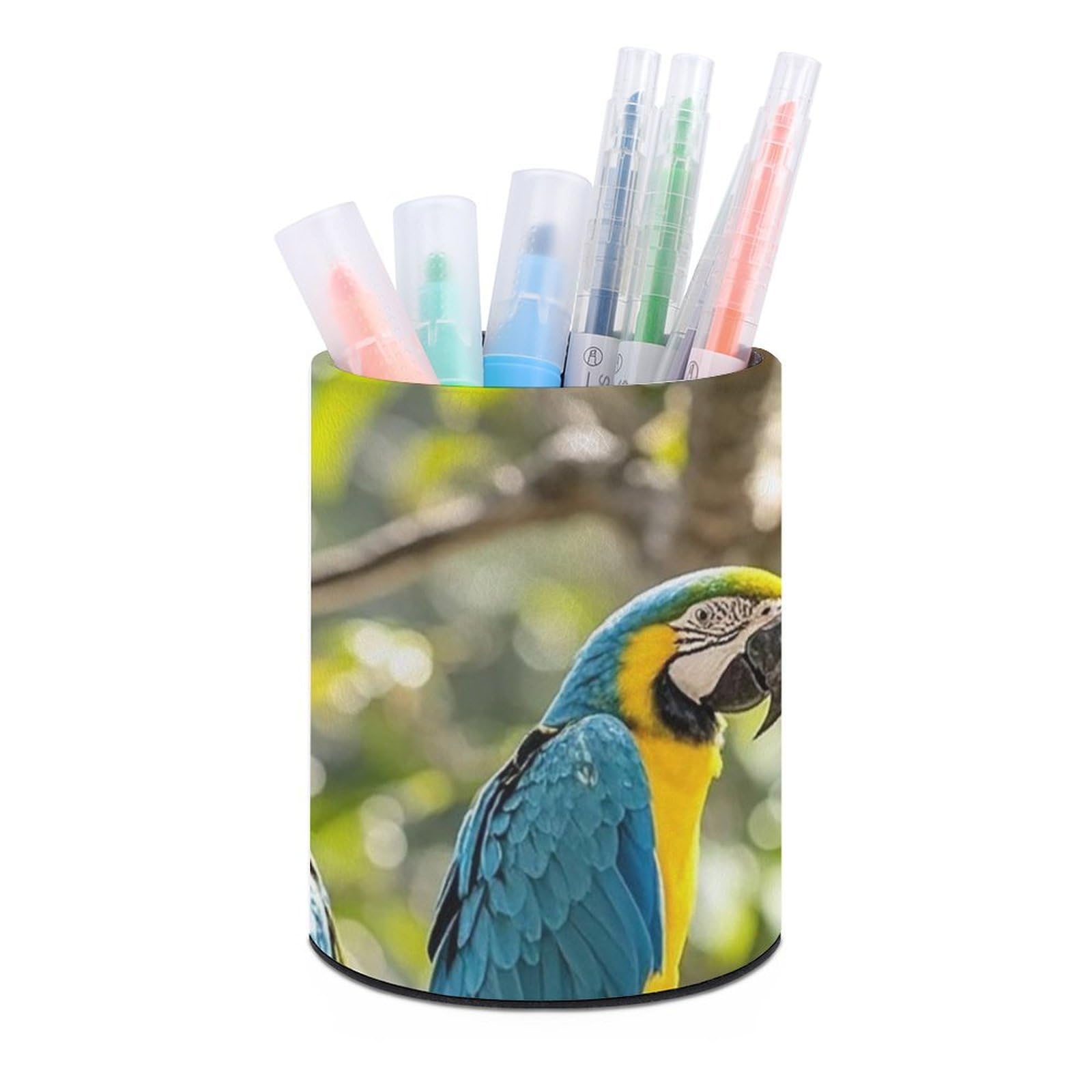 FekiLoot PU Leather Round Pen Holder Colorful Parrots On Tree Pencil Holder Desk Organizer Pen Organizer Pen Cup Pencil Cup Caddy Desktop Stationery Organizers for Office Home Supplies