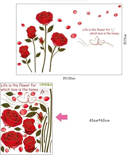 Miniatura 6 de BIBITIME Calcomanías de pared con texto en inglés "Life is the Flower for which Love is Honey Quotes Red Rose Wall" Flaying Petal San Valentín,