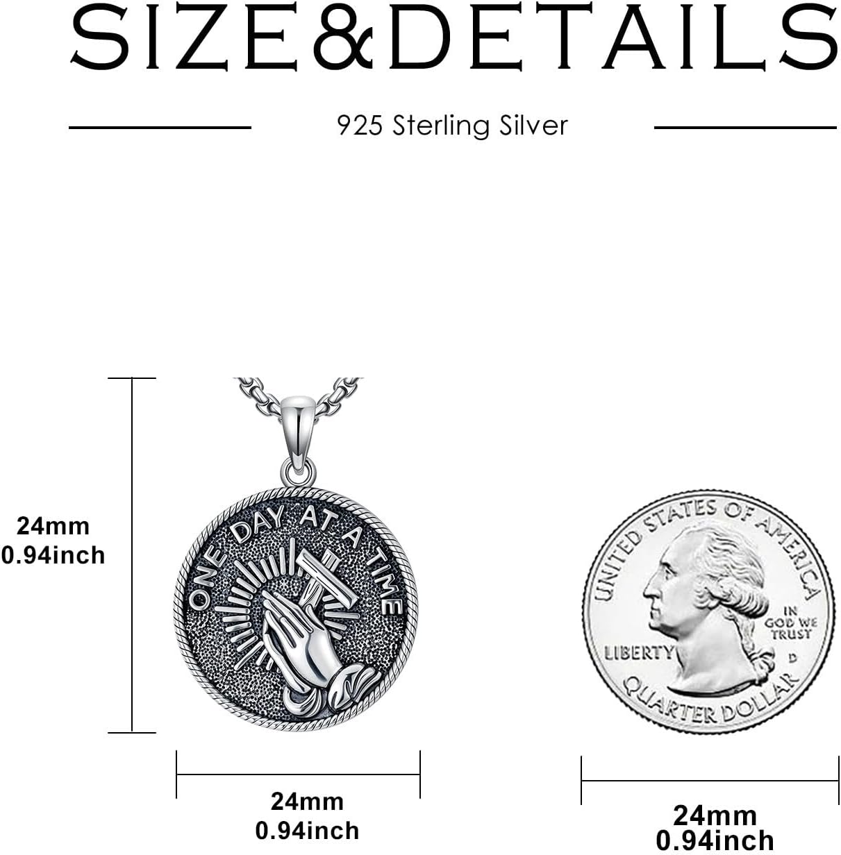 Praying Hands Necklace 925 Sterling Silver Serenity Prayer Pendant Religious Jewelry for Men Women - Image 5