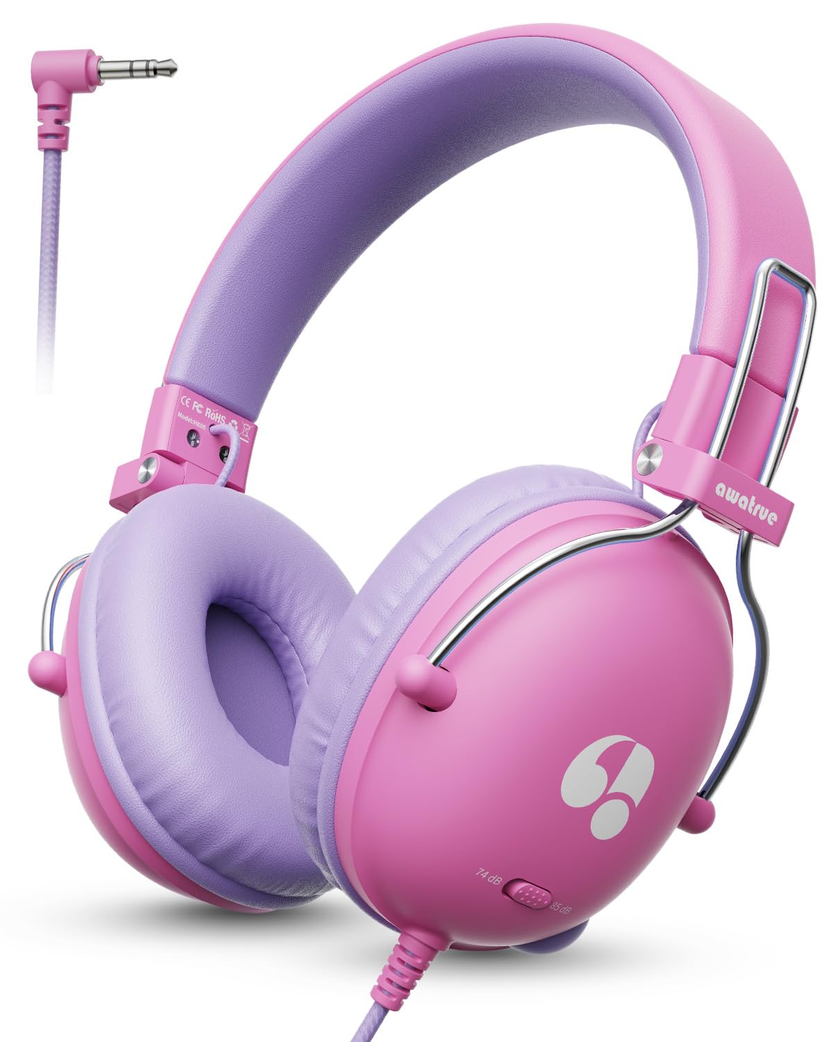 awatrue Kids Headphones for School, 74/85dB Safe Volume Limit, Stereo Sound, Wired On-Ear Headphones for Kids Boys Girls, 3.5mm Jack for Tablet, iPad, Kindle, YOTO Player, Airplane Travel, Pink-image-5