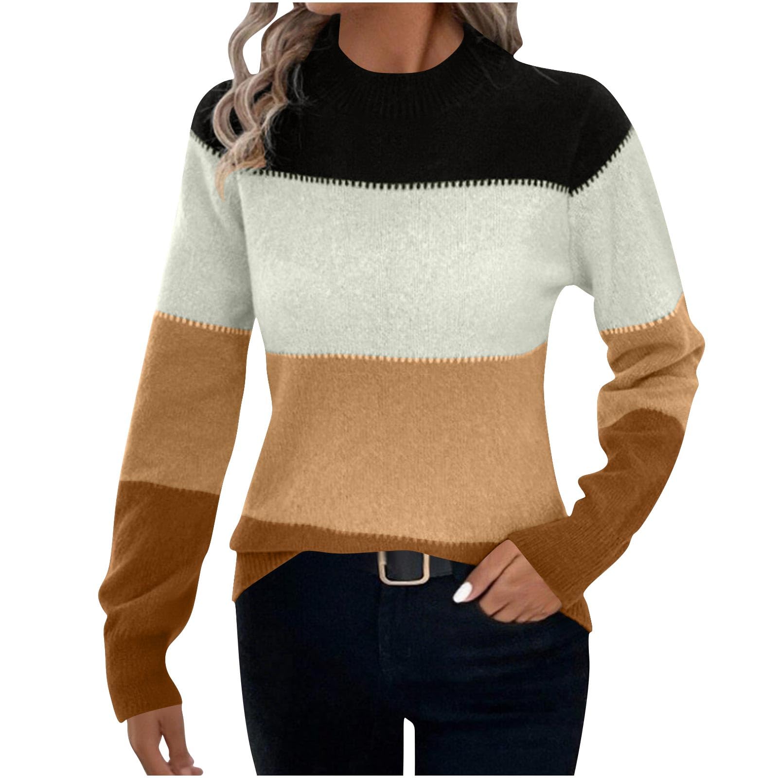 Womens Color Block Sweater Long Sleeve Striped Sweaters 2025 Fall Trendy Crewneck Casual Loose Knit Tops