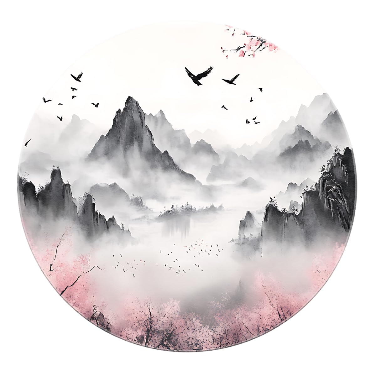 Tapis encre de chine rond 180cm motif oiseau de montagne fleur rose tapis lavable chambre