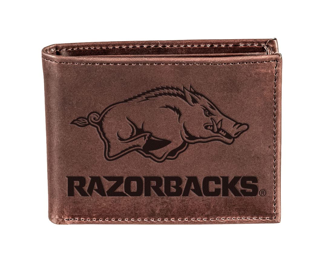 Evergreen Team Sports America NCAA University of Arkansas Brown Wallet | Bi-Fold | Officially Licensed Stamped Logo | Made of Leather | Money and Card