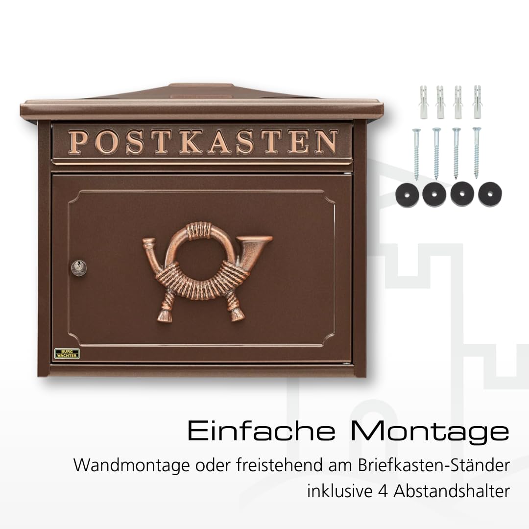 BURG-WÄCHTER Klassischer Briefkasten ohne Zeitungsfach und Namensschild, Verzinkter Stahl, Einwurf-Format DIN C4, 2 Schlüssel, Sylt 1883 K, Kupfermetallic