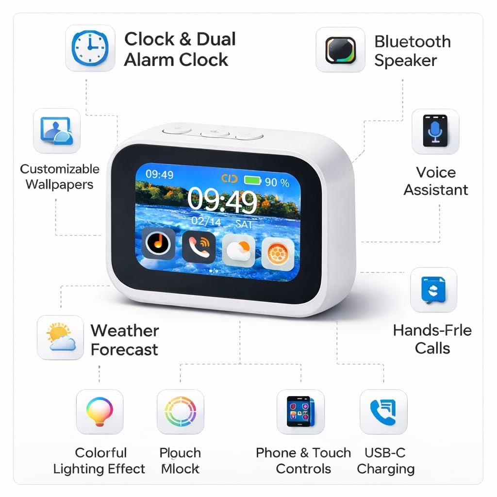 CBK AI Voice Assistant Smart Digital Alarm Clock with Wireless Bluetooth 5.4 Speaker & Dynamic RGB Light,HI-FI Stereo Sound,HD Large Touchscreen Display, Hand Free Calling,Weather Forecast (White) 2