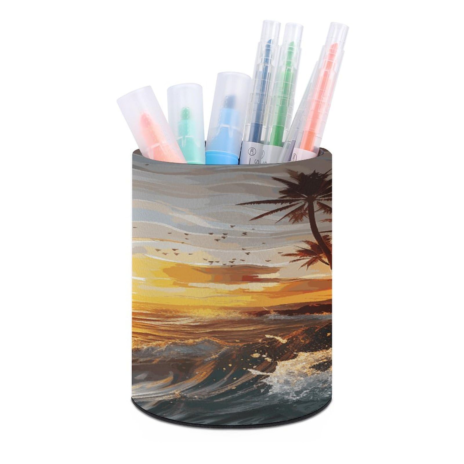 Palm Trees Ocean Waves Sunset Pen Holder Multi-Functional Round Pencil Holder Cute Office Decoration Pen Cups Simple Design PU Leather Paintbrush Cups for Home Office Desk