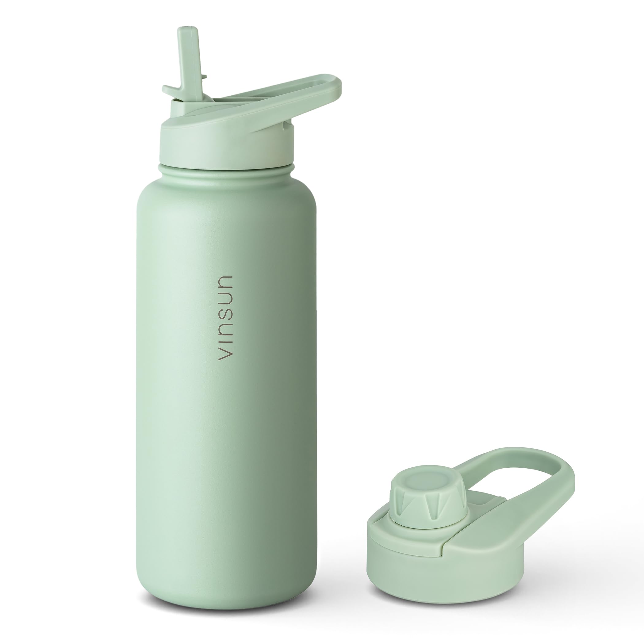 VINSUN Stainless Steel Water Bottle Green 1L, Leakproof, Carbonic Acid Suitable, BPA Free, Straw Lid, Drinking Opening