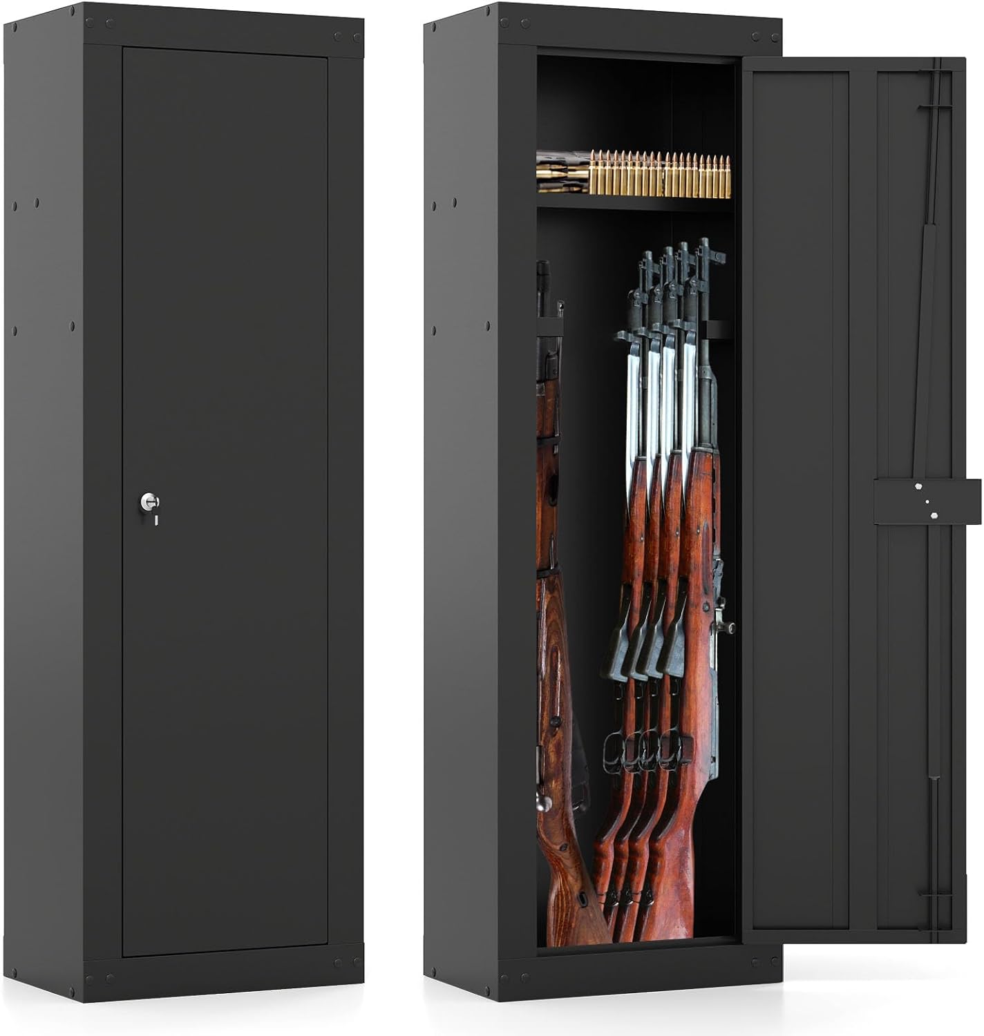 COSTWAY 8 Gun Safe for Rifles and Pistols, Quick Access Long Gun Cabinet for Home with Storage Shelf, EVA Padding, Mechanical Lock and 2 Keys