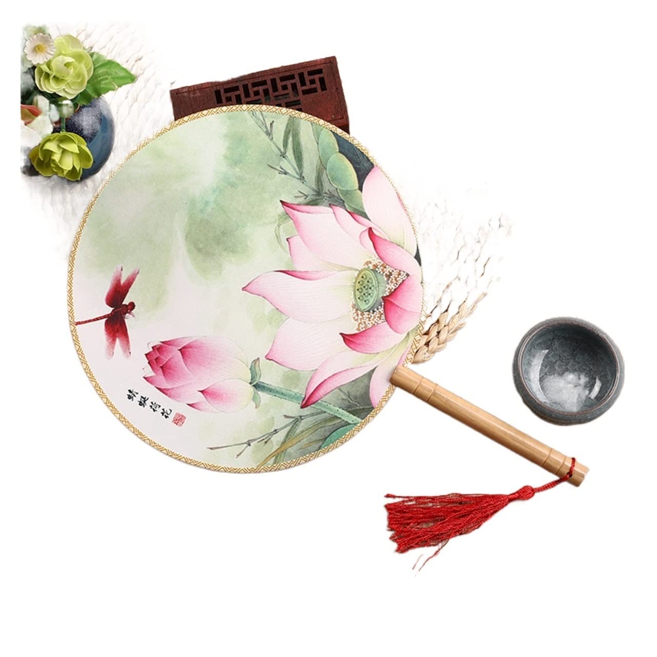 Runder Chinesischer Fächer Aus Holz & Seide – Halbtransparent, 21 Cm Durchmesser, Handbemalt, Design 'Vögel & Schmetterling'