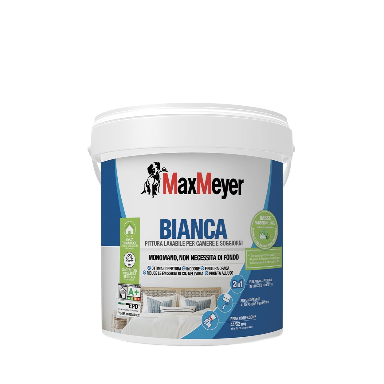 MAXMEYER Bianca Monomano BMB, Pittura per Interni Lavabile, 2 in 1 Fissativo e Pittura, Ottima Copertura, Finitura Opaca, Bianco, 4 Litri