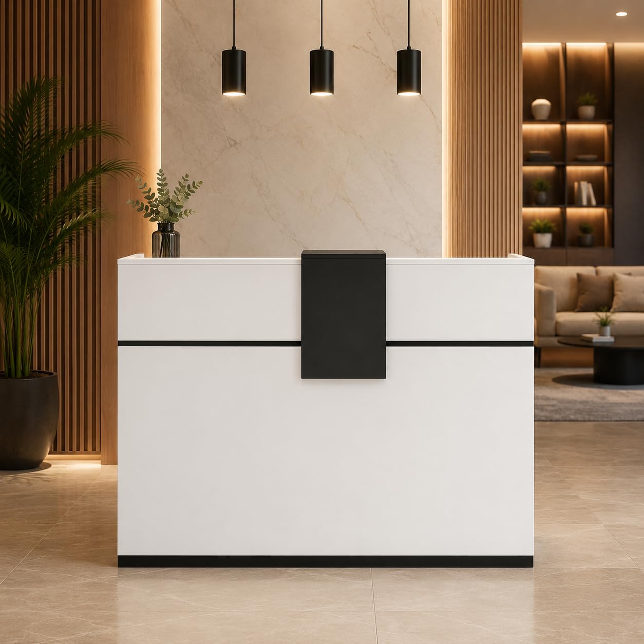 Mostradores de recepción, mostradores de recepción, mostrador de recepción con estante extraíble, mostrador de recepción, mostrador de recepción con placas decorativas negras, muebles de