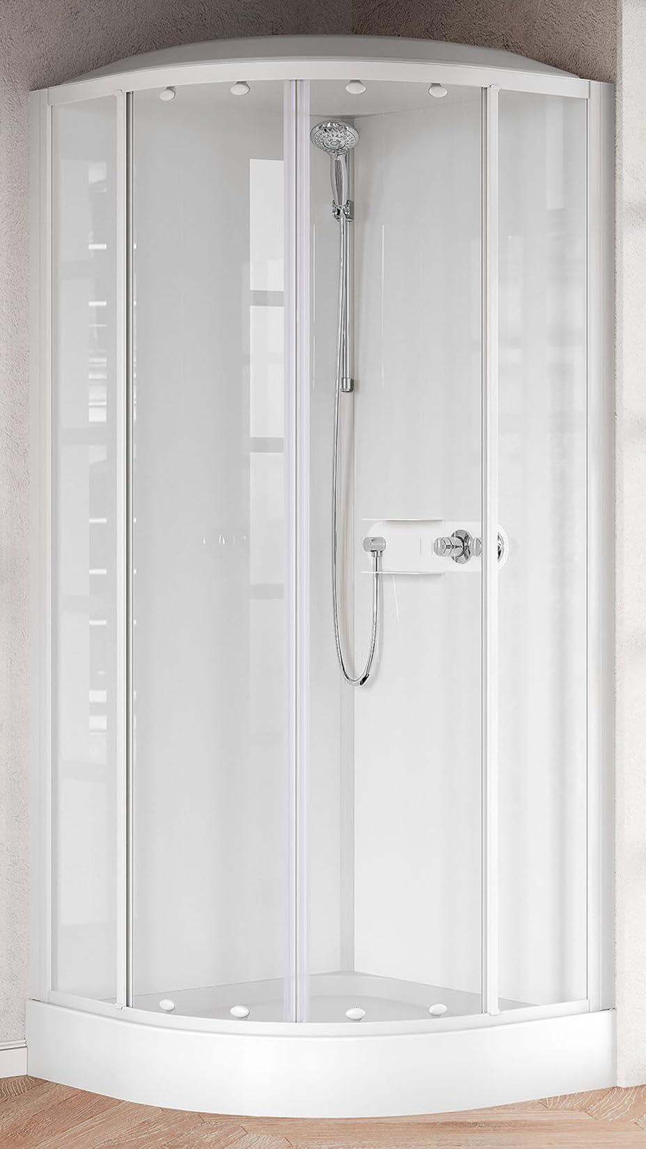 Novellini Media Glass R Standard Techo Alcachofa 90 x 90 cm Cabina de ducha multifunción curvada Apertura corredera Montaje esquinero mezclador termostático cristal transparente perfil blanco H 226 cm