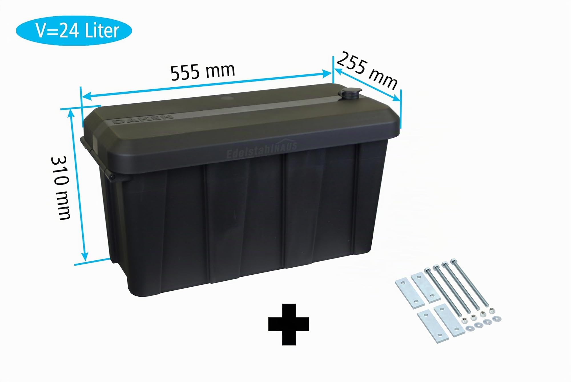 Deichselbox Daken Blackit Lite, Werkzeugkasten, Gurtkiste, Anhängerbox, Staukiste, Daken B24-1 + Montagesatz MON301, Edelstahlhaus GmbH