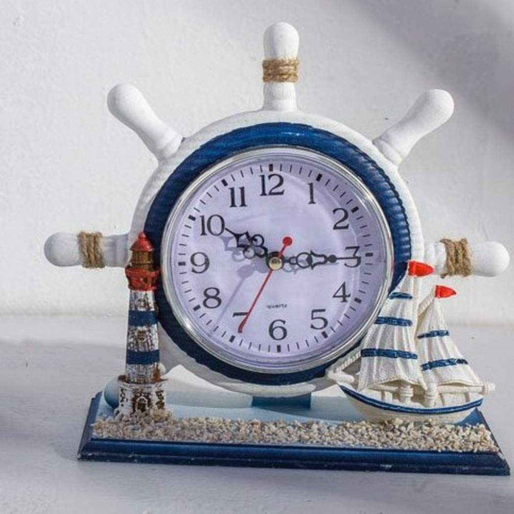 Swhong Blue Shabby Chic Steering Wheel Clocks Silent Sweep Battery Operated Old Fashioned Desk Clock With Small Boat Decoration
