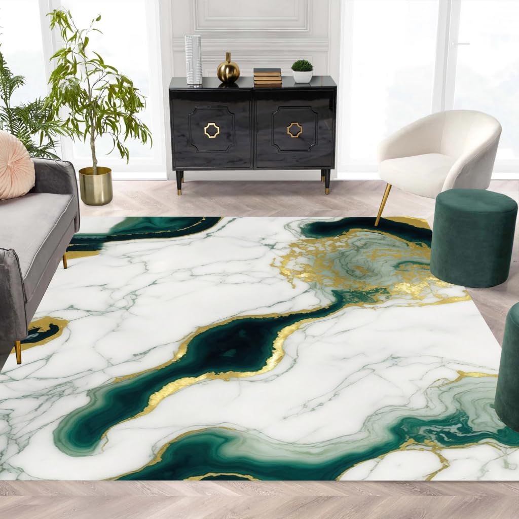 White Green Gold Marble Texture Modern Abstract Area Rug 10x12 Lux Arti Rugs for Livingroom Bedroom Ultra Soft Thick Carpet Under Dining Table Indoor