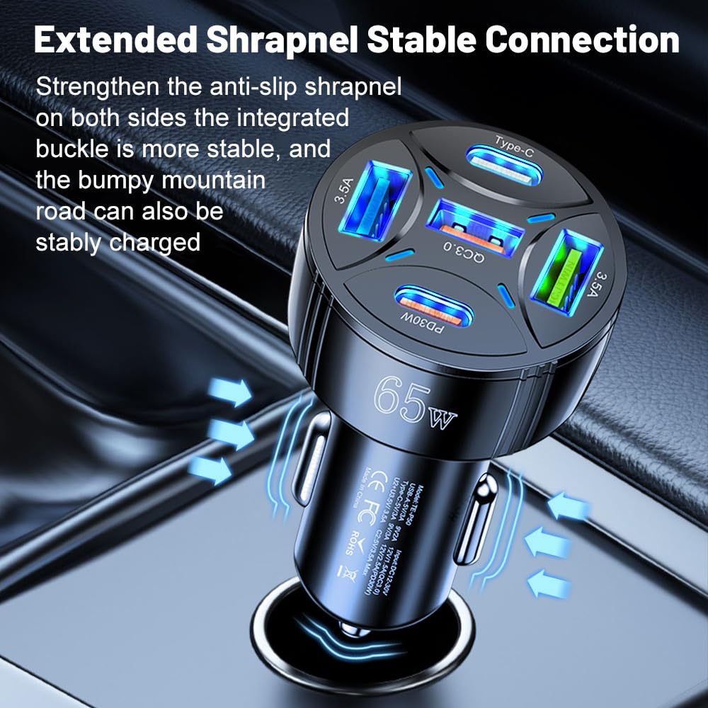 Cargador USB C de coche de 65 W 5 en 1 multipuerto PD30W y QC3.0 de carga ultra rápida, cargador USB para iPhone/Android/Samsung/iPad Pro y más (negro)