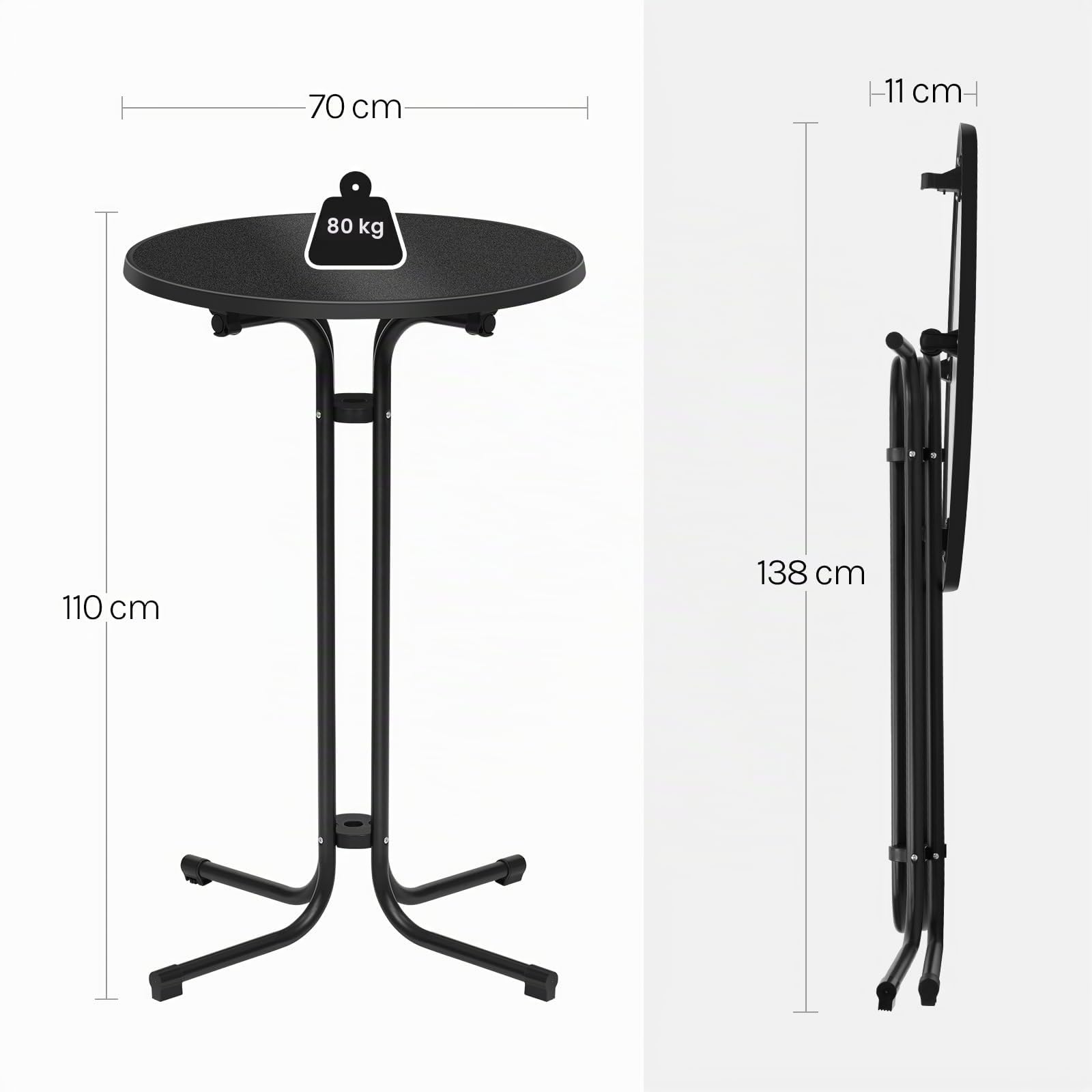 WOLTU Mesa de Bar Plegable, Mesita Redonda de Cóctel con Funda Elástica para Boda y Fiestas, con Patas Metálicas y Pie Ajustable, 70x110 cm, Negro Mate