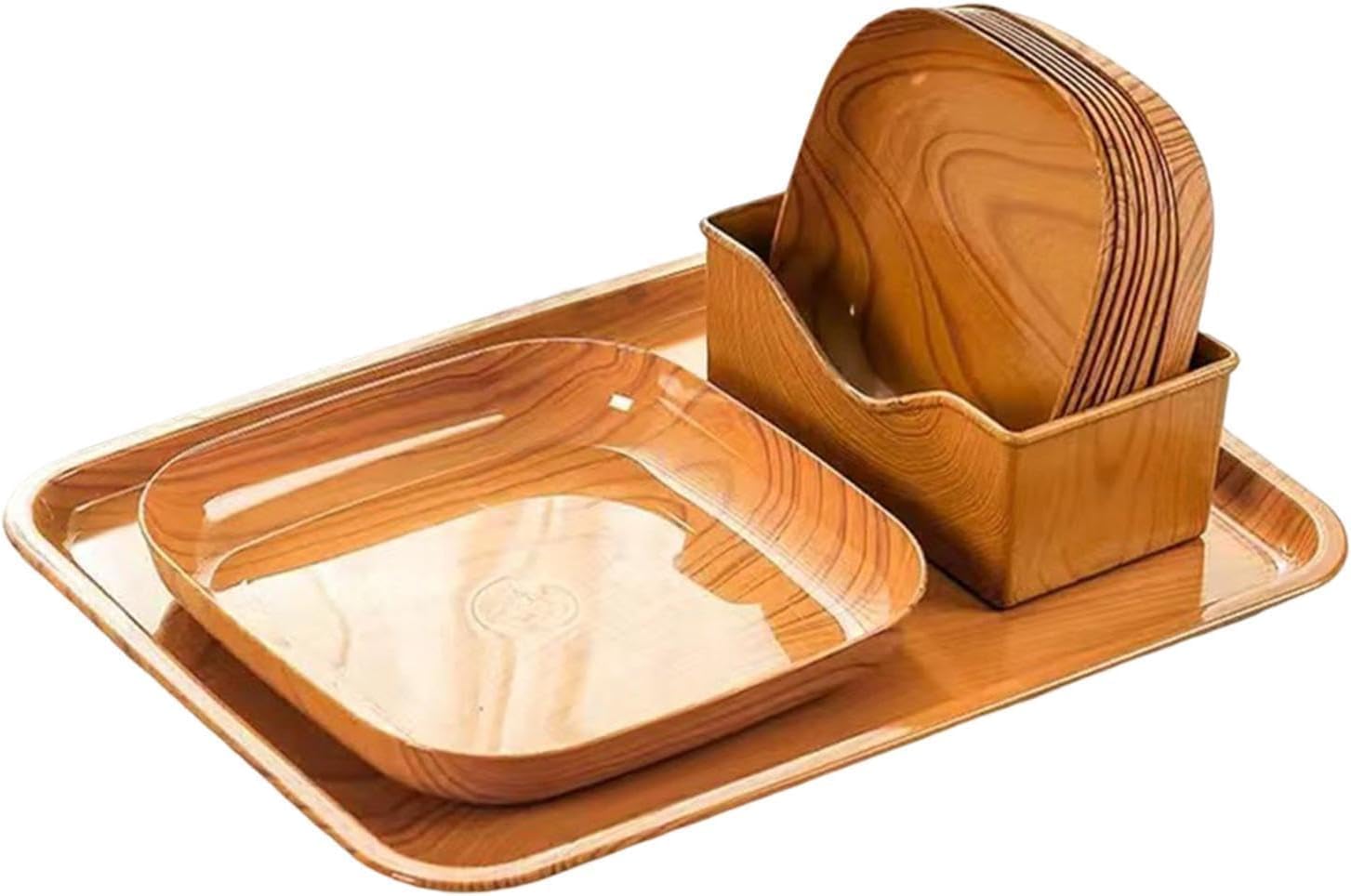 MARZIX Dinnerware Set,11 Pcs Wood-Looking Dish, Wood Grain Snack,Fruite,Nut,Dessert Dishware with Serving Tray and Storage Rack Set,Durable Service for Family and Friend