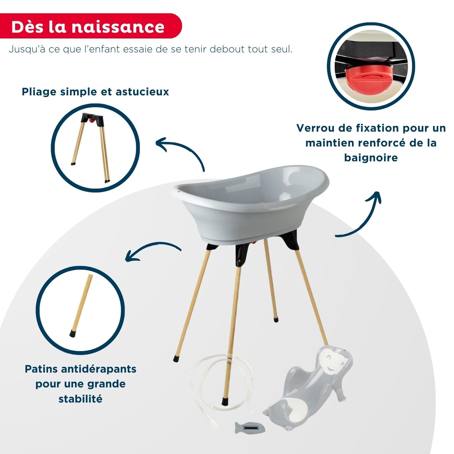 THERMOBABY - Zestaw do kąpieli dla niemowląt VASCO 5 w 1 - Wanna, drewniana nóżka, wąż spustowy, leżak do kąpieli, termometr - Charme Grey - Składany i stabilny - Wyprodukowano we Francji