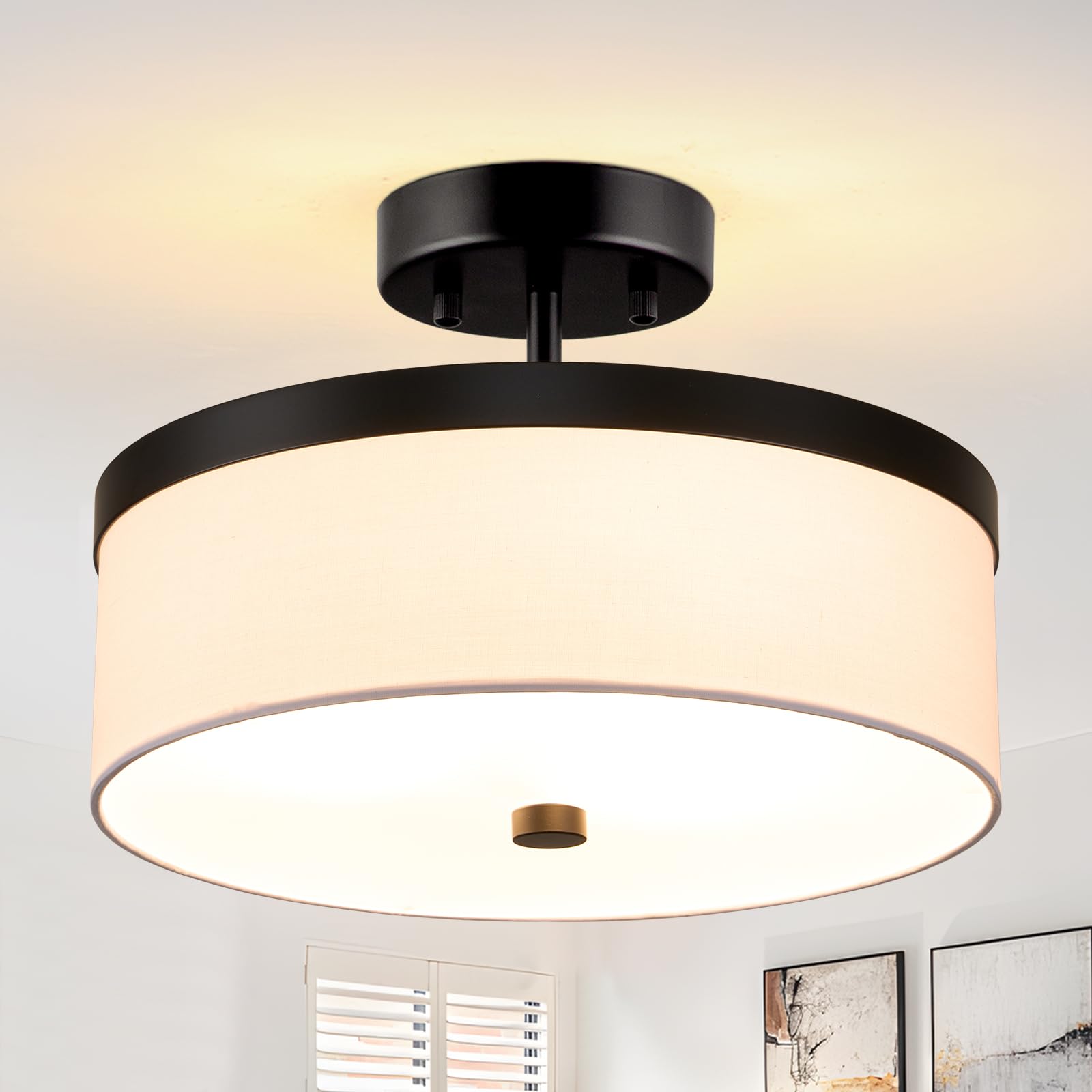 Photo 1 of Ludil Semi Flush Mount Ceiling Light,12”Hallway Light Fixtures with White Fabric Shade,3-Light Black Modern Drum Flush Mount Ceiling Light for Bedroom,Hallway,Kitchen Island,Laundry