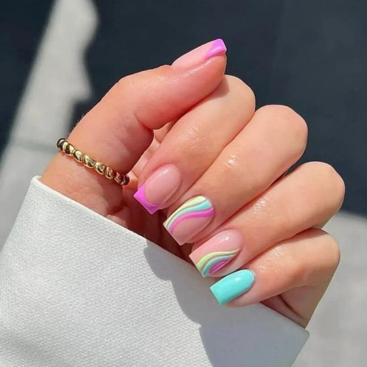 HAPPY FINGERS Artificial Nails - Pack of 12 Short Square Shape Handmade Press-On for Women & Girls | Reusable, Pre-Designed | Perfect Decorative Fake Nails for Girls (Pink Blue Rainbow)-image-40