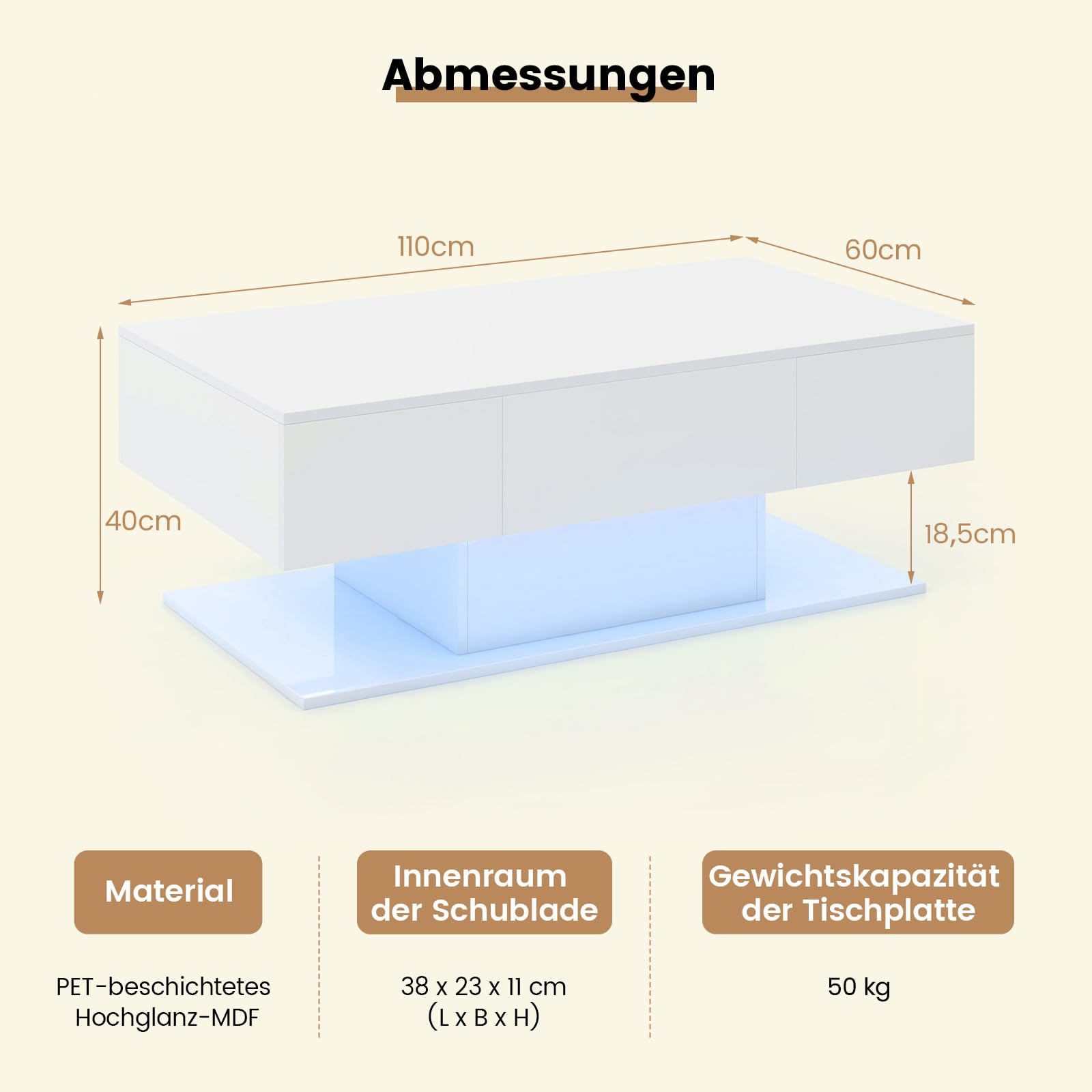 COSTWAY Couchtisch mit LED Beleuchtung, Hochglanz, 20 Farben | Helligkeit einstellbar, Wohnzimmertisch mit 2 Schubladen, Kaffeetisch für Wohnzimmer, inkl. Fernbedienung, 110x60x40 cm (Weiß)