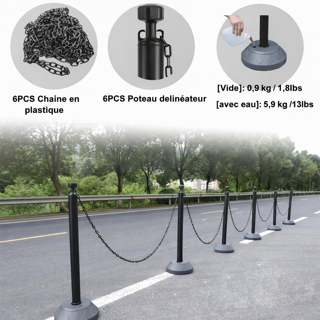 Lot de 6 Poteaux de Guidage 102 cm, Balises de Circulation avec Chaînes Plastiques et Base Remplissable d’Eau pour Parking, Gestion de Foule (Noir)