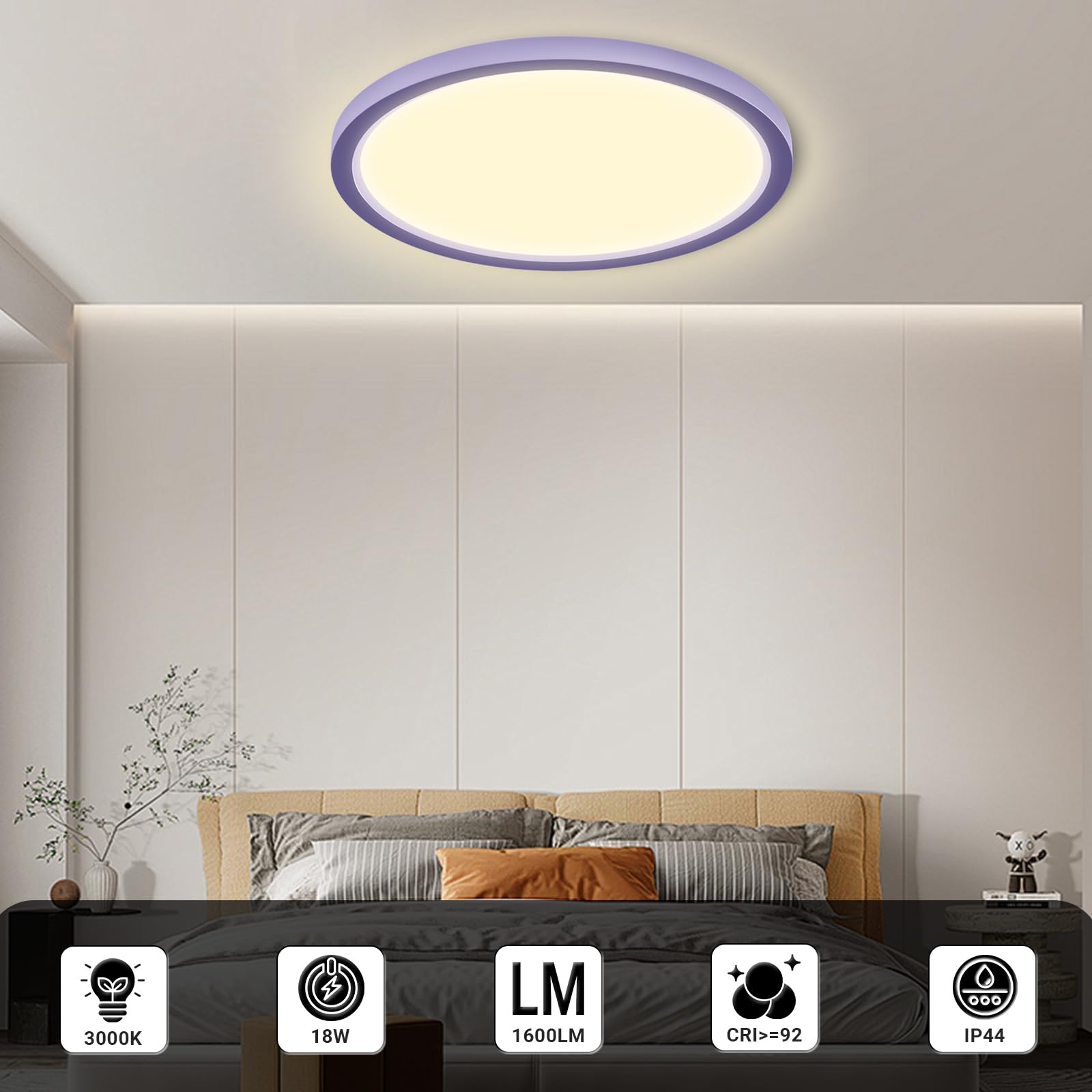 LQWELL® Plafoniera Lampada da soffitto a LED, Lampada da bagno impermeabile IP44 Rotonda Piatta 18W 3000K 1600LM Sottile per Soggiorno Bagno Camera da letto Cucina Seminterrato Ufficio, 220 * 24mm