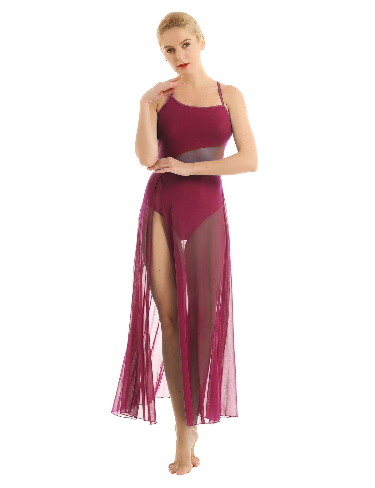 JanJean Womens Lyrical Asymmetrical Mesh Split Dress Contemporary Modern Ballet Dance Dress Leotard Wine Red Small