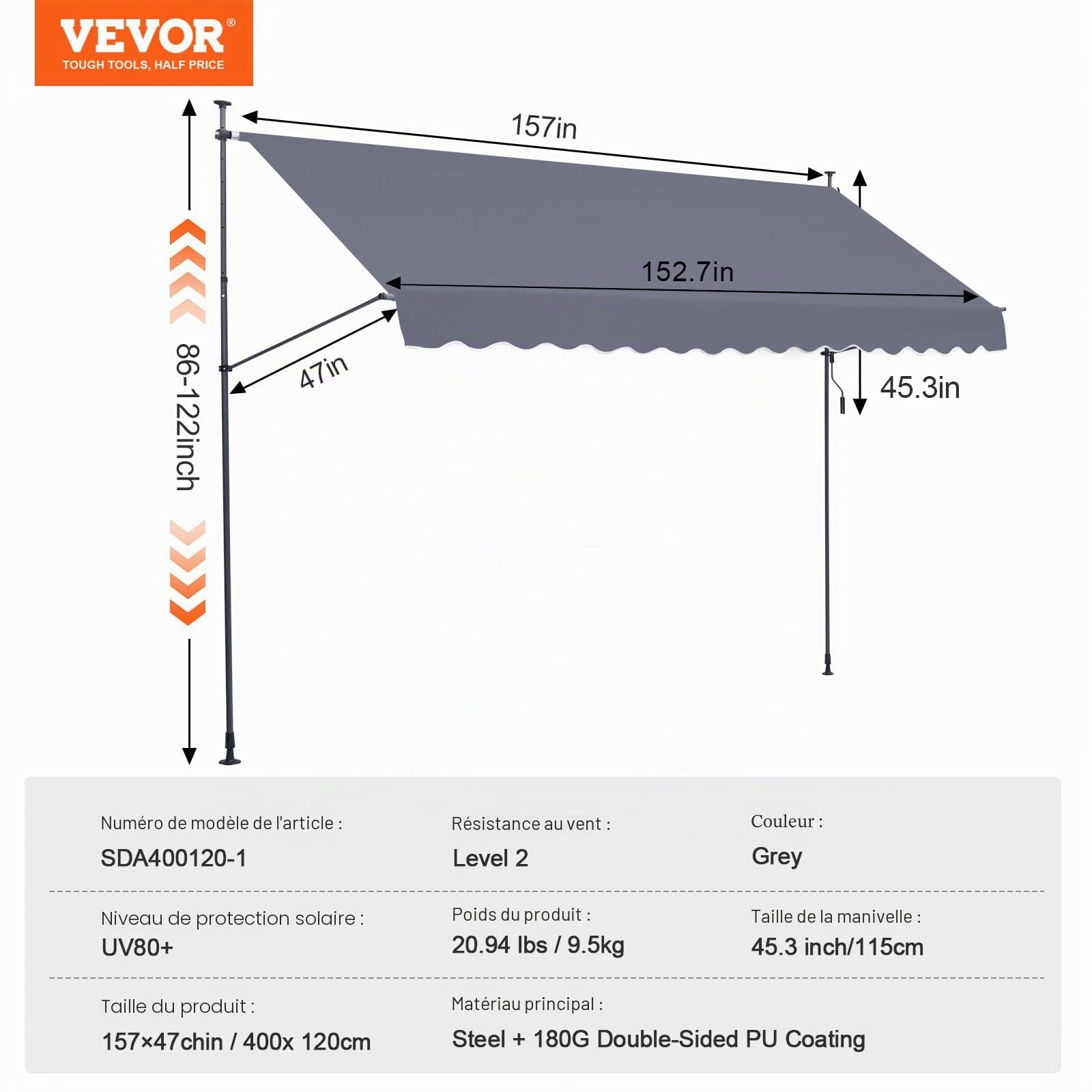 VEVOR Auvent de terrasse rétractable 400 x 120 cm, store banne manuel avec manivelle, hauteur réglable 218-310 cm, abri pare-soleil extérieure de balcon résistant aux UV pour patio, balcon, cour, gris