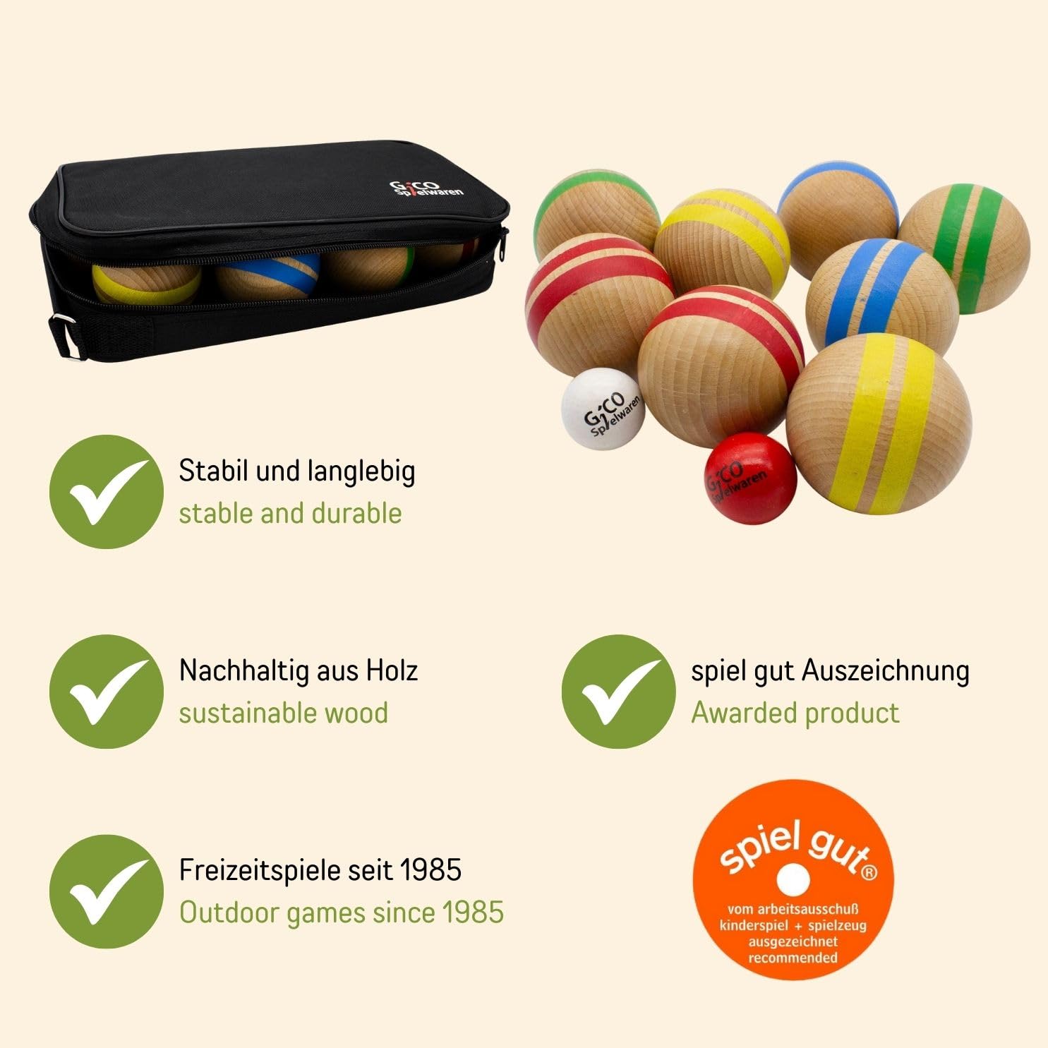 GICO Juego de petanca de madera maciza, a rayas con 8 bolas, diámetro 7 cm. Fabricado en la UE, juego de premios - 3021