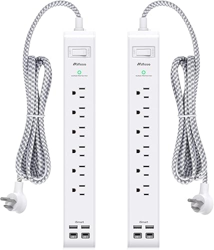Paquete de 2 regletas de alimentación, cable de extensión de 12 pies de largo, protector de sobretensiones con 6 salidas y 4 puertos USB (2 USB C),