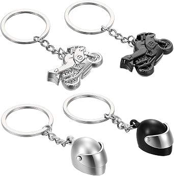 4 PCS Motorcycle Helmet Keychain, Mens 3D Keyrings Set Metal Motorcycle Keychains Accessories Gifts Mini Helmet Motorbike Keyring Set for Men Women Bikers Black Silver