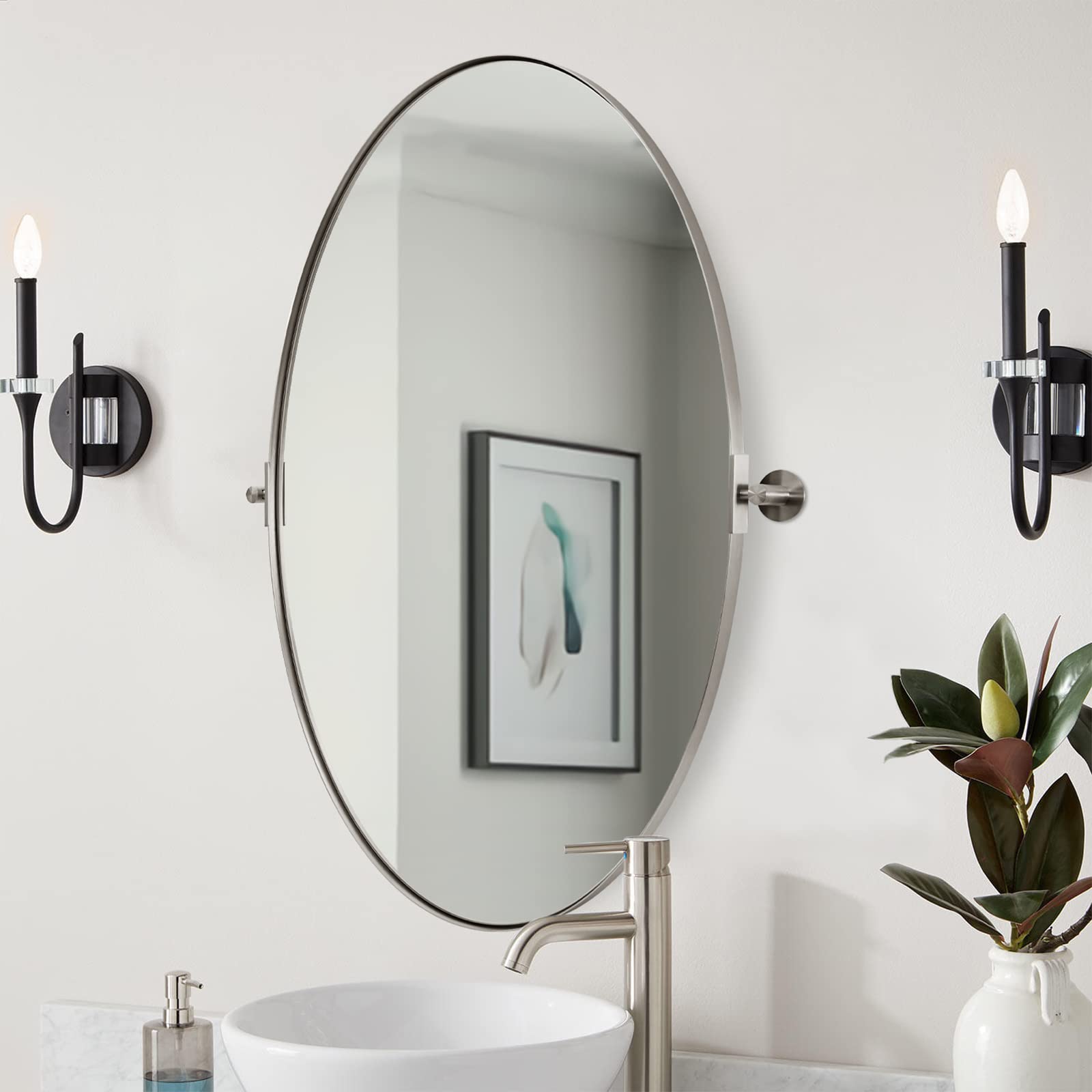 MOON MIRROR Nickel Oval Pivot Mirror, Oval Nickel Vanity Mirror for Wall, Oval Mirror for Bathroom, Brushed Nickel Metal Framed Tilting Pivoting Mirror(Overall 23.75" x 28")