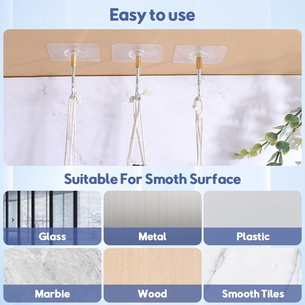 GORGECRAFT 10 Sets Ceiling Adhesive Hooks 11Ib(Max) Plastic Platinum No Drill Wall Mount Utility Open Hook Hangers with Iron Screw Brass Column for Hanging Key Coat Lantern Chandelier Light Wind Chime