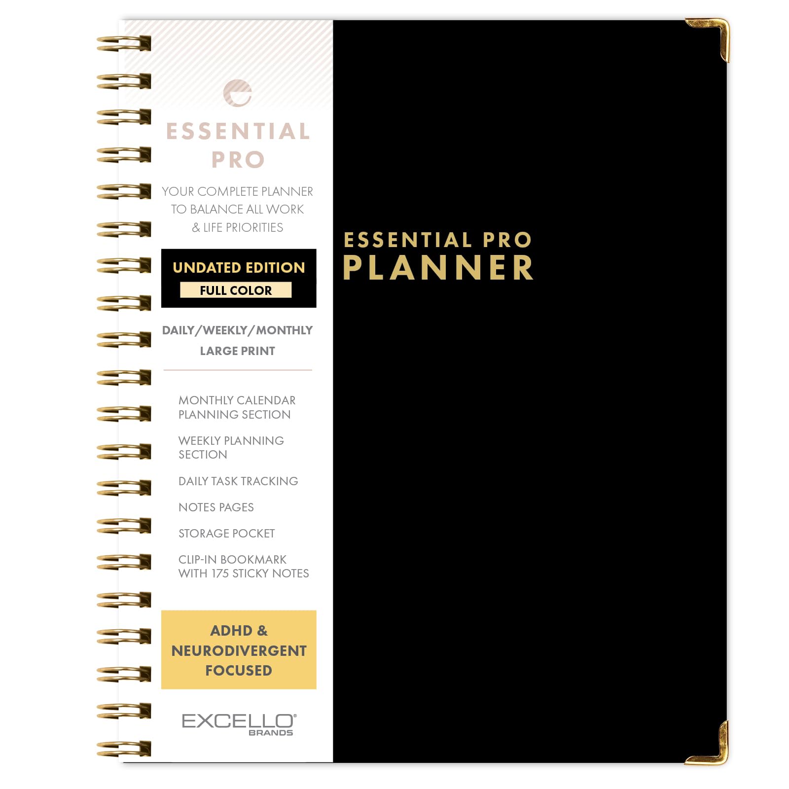 DELUXE ESSENTIAL PRO - Agenda diaria, semanal y mensual sin fecha, pestañas mensuales, seguimiento diario, páginas de notas, bolsillo de almacenamiento, marcapáginas con notas adhesivas (negro)