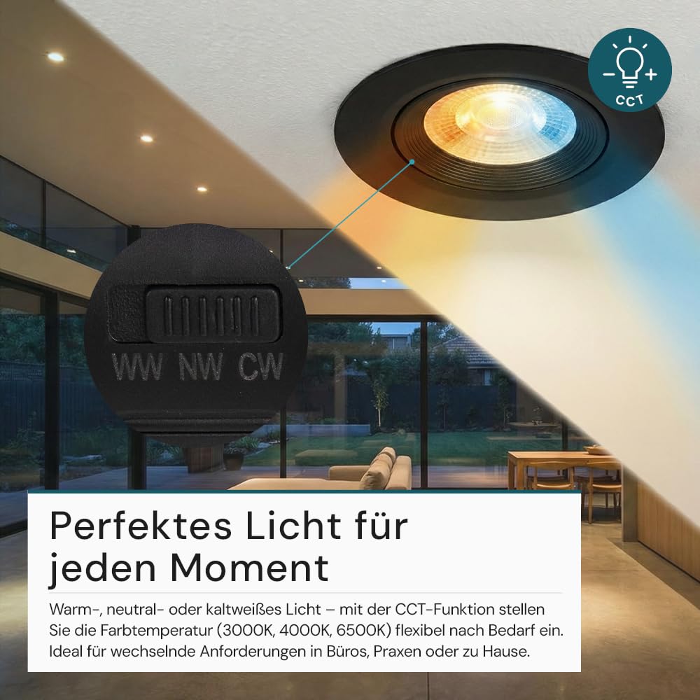 LUXULA LED Einbaustrahler dimmbar schwenkbar 12 Stück - Einbaumaß 75mm - Deckenspot Einbauleuchte schwarz - 7W 600lm - CCT 3000K 4000K 6500K einstellbar - 38° Spotlight - 230V - LED Spots dimmbar