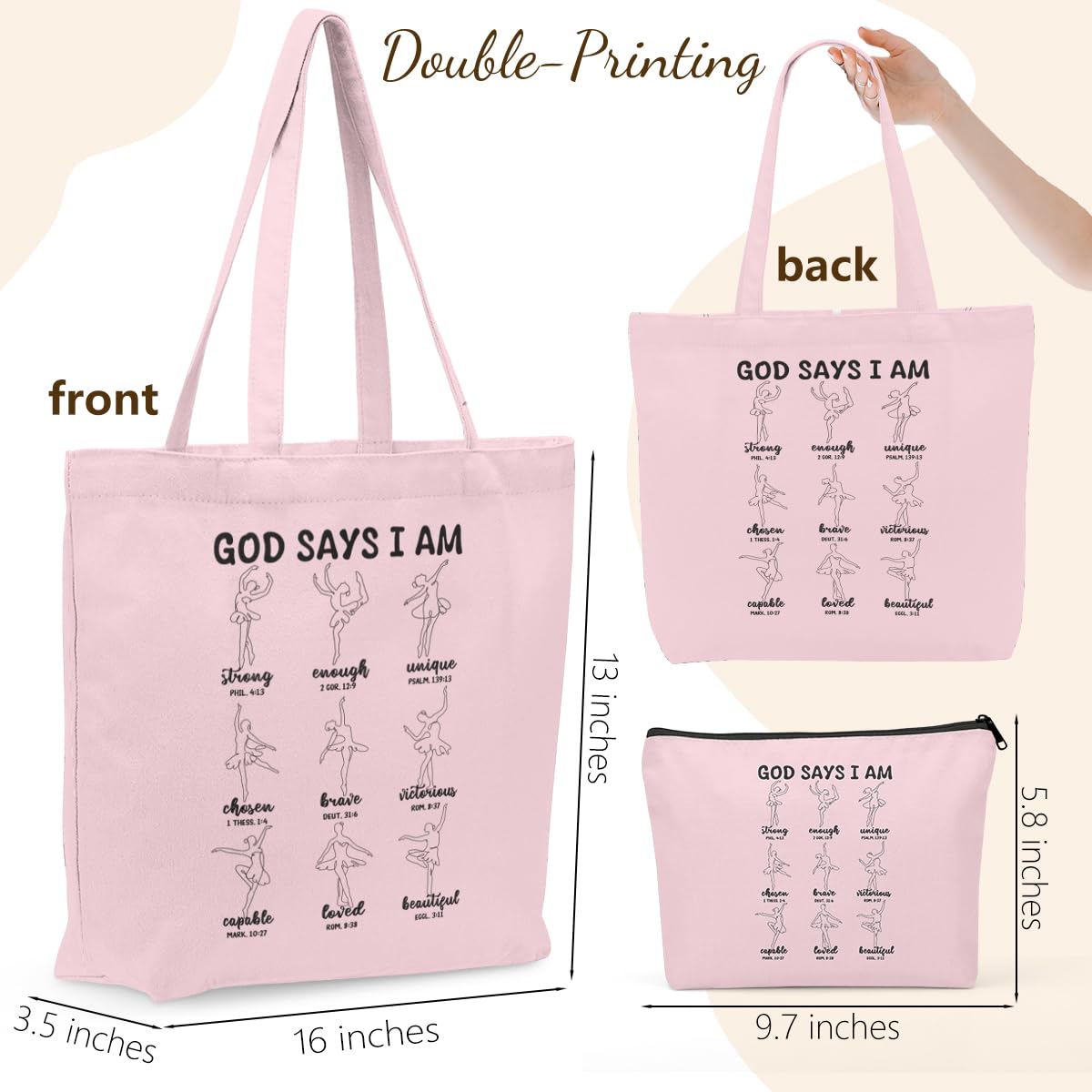 Christian Gifts for Women, Dancing Girls Canvas Tote Bag Makeup Bag Set, Inspirational Bible Religious Dance Gifts for Dancer Birthday Friendship Graduation Reusable Grocery Bags Travel Cosmetic Bag