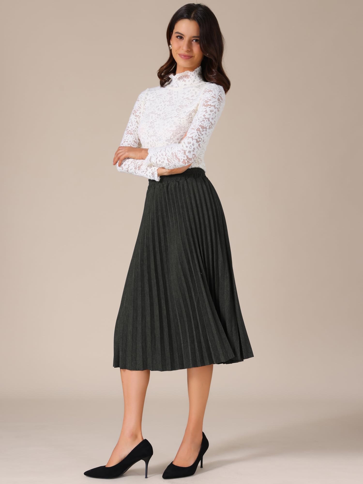 Allegra K Falda plisada para mujer, cintura alta, elástica, acampanada, casual, holgada