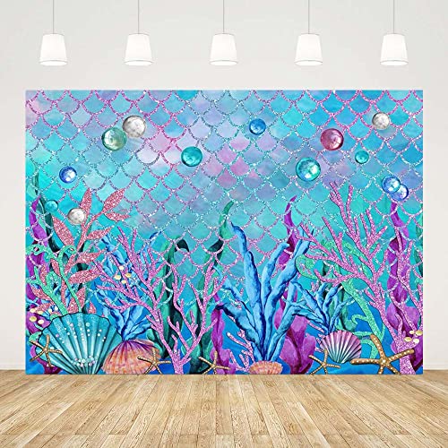 ABLIN 10x7ft Under The Sea Backdrop for Photoshoot Purple Corals Pearls Photography Background Little Mermaid Party Decorations for Girls Photo Shoot Props Cake Table Banner
