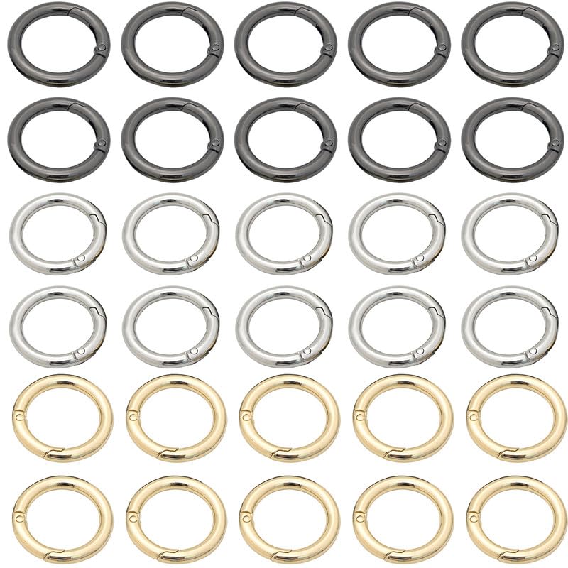 30 Pcs Spring O Rings, 25mm Round Carabiner Snap, Zinc Alloy Buckle O Clips for DIY, Keyrings, Bags, Camping, Silver, Black and Gold