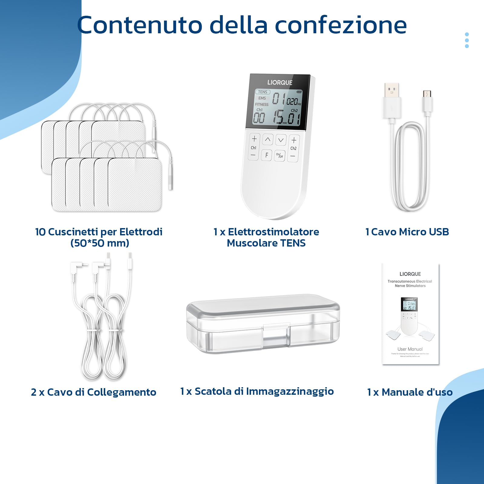 LIORQUE Elettrostimolatore Muscolare TENS/EMS/FITNESS 3 in 1, 50 Modalità, 10 Pezzi di Elettrodi TENS, 16 Livelli di Intensità per Alleviare il Dolore Bianco
