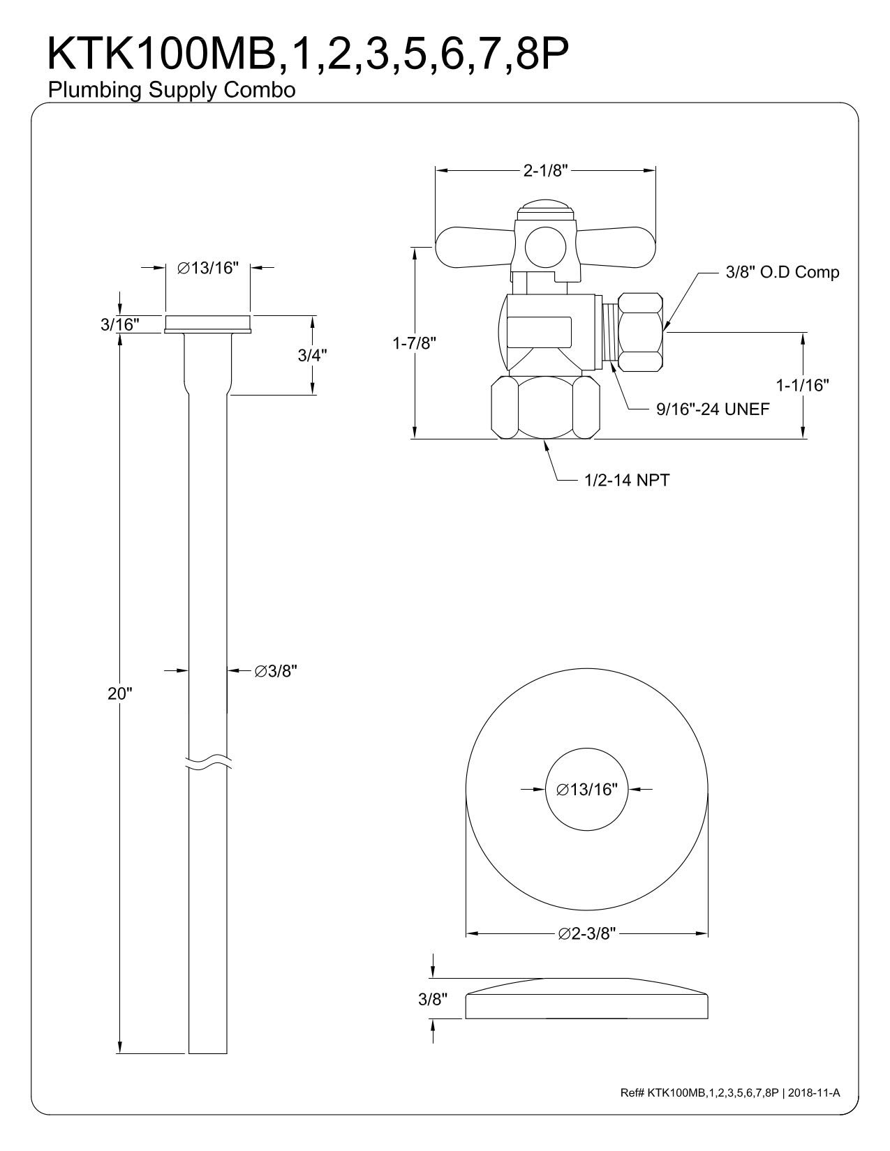 Kingston Brass KTK101P kit de suministros para inodoro con entrada IPS de 1/2 pulgada, salida de compresión de 3/8 pulgadas, cromo pulido, KTK108P