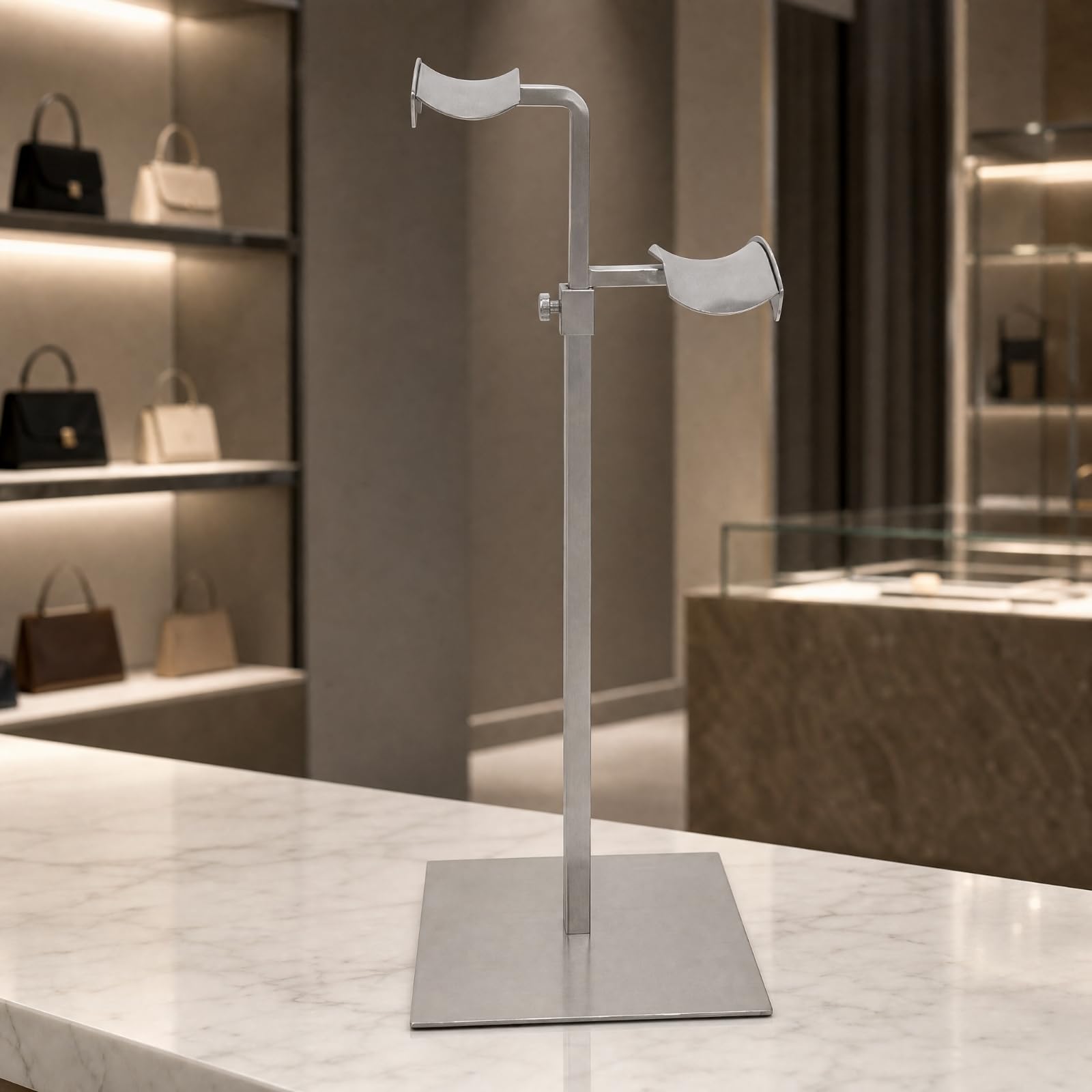 TISHITA Soporte Expositor con Dos Cabezales Doble Cabezal Expositor Vertical con Base Cuadrada Elegante para Showrooms, Espacios Comerciales Pequeños, Oro