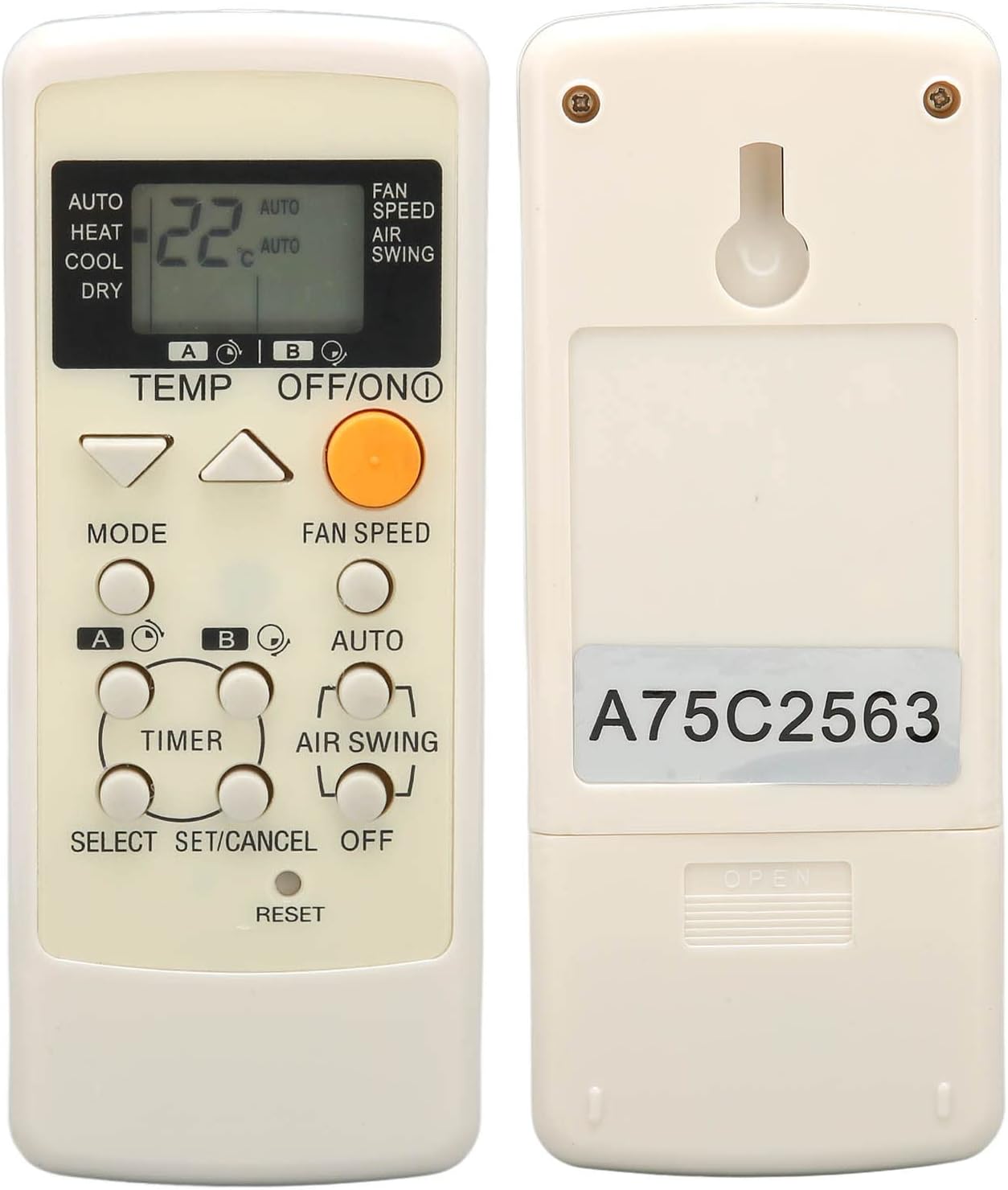 Tilbage view of the Cuifati air conditioner remote control, showing the battery compartment and the model number A75C2563.