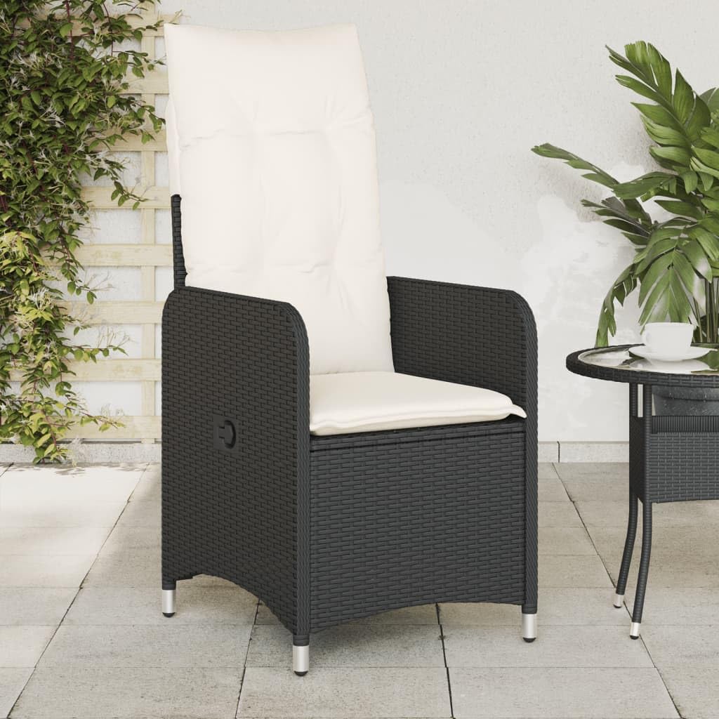 Poltrona reclinabile da giardino con cuscini in rattan sintetico nero sedie esterne resistenti alle intemperie, poltrone per terrazze, mobili da giardino nero senza poggiapiedi