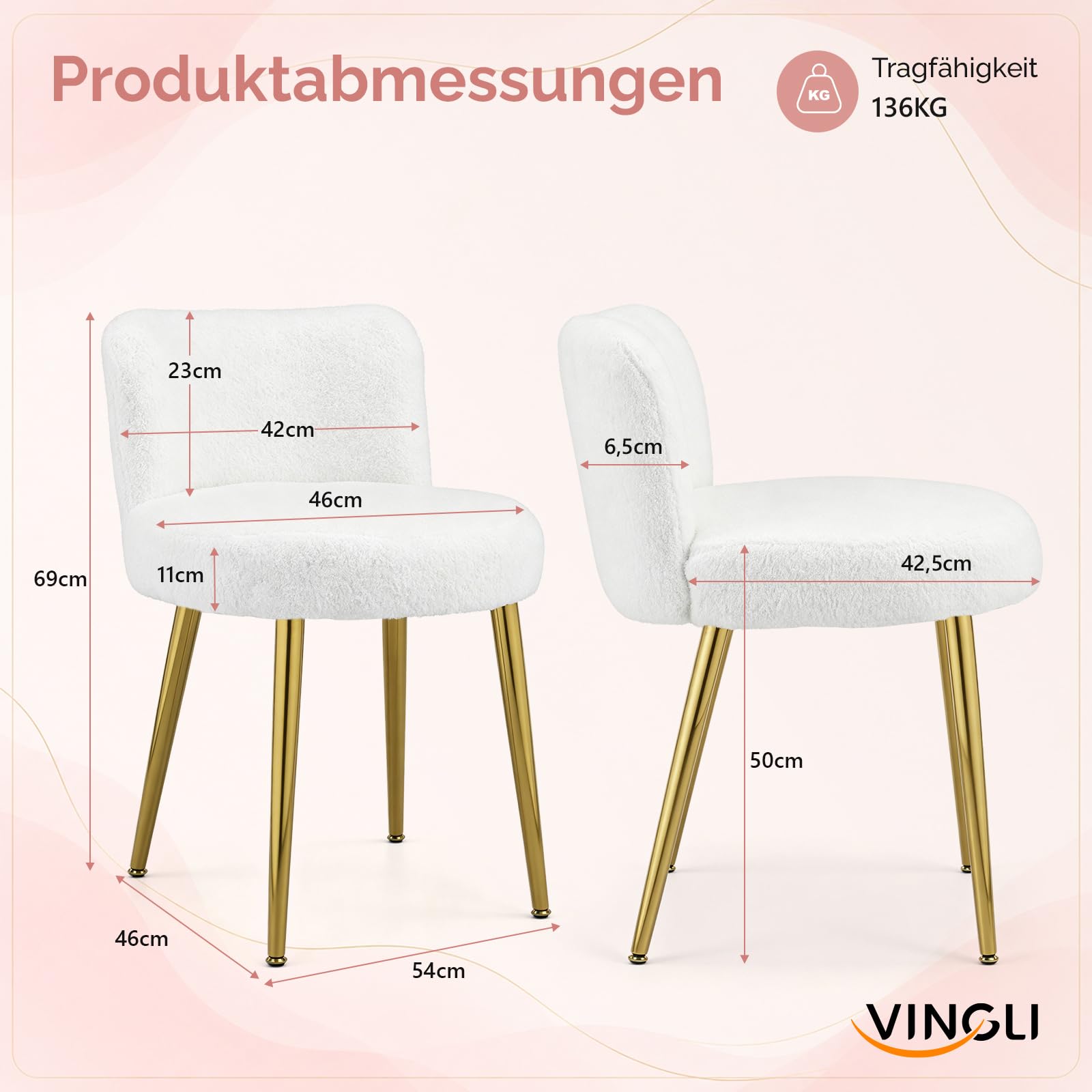 VINGLI Schminkstuhl mit Rückenlehne, Kompakter Polsterstuhl，Weiß